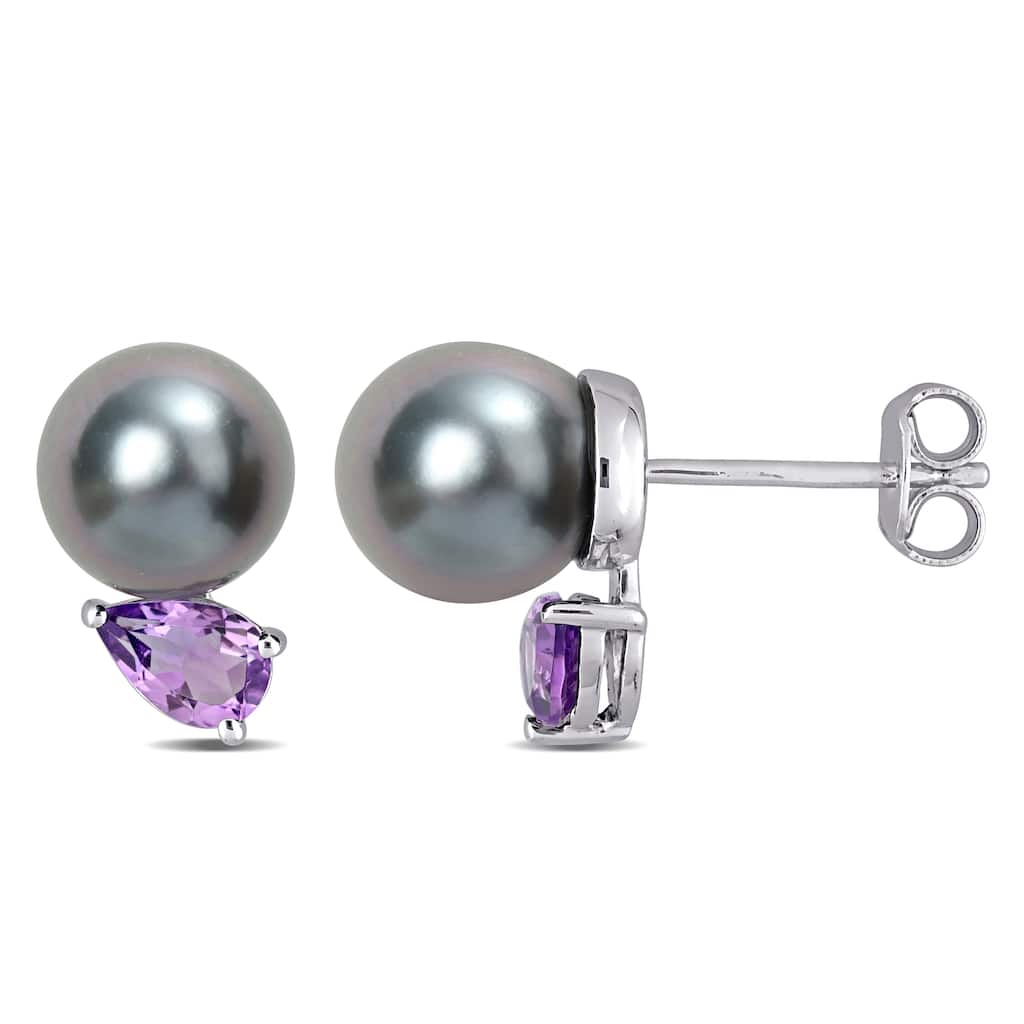 Miadora 8-9mm Black Tahitian Cultured Pearl and 3/4 CT TGW African Amethyst Stud Earrings in Sterling Silver