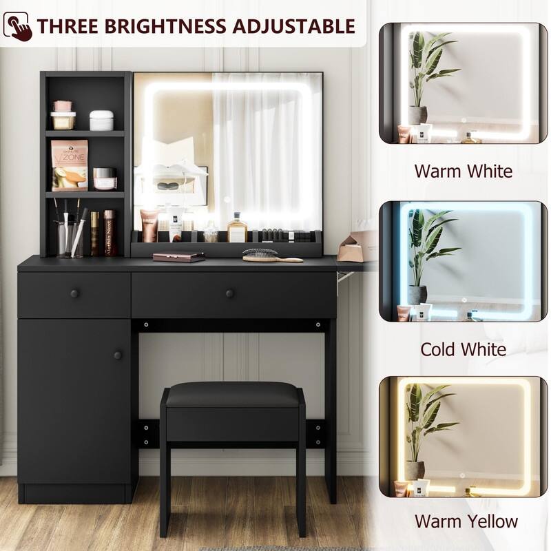 Vanity Desk with Mirror, Charging Station, Drawers, Shelves, Cabinet, Stool