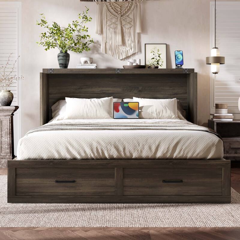 Murphy Bed Cabinet with Charging Station, Large Storage Drawer - Grey - Queen