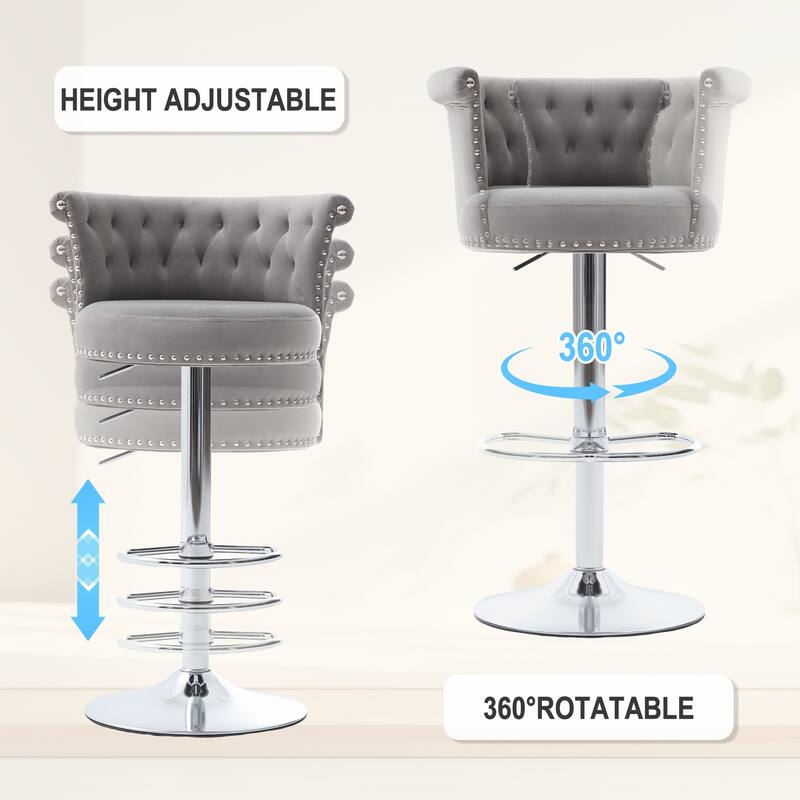 Adjustable Velvet Swivel Bar Stools with Metal Leg (Set of 2)