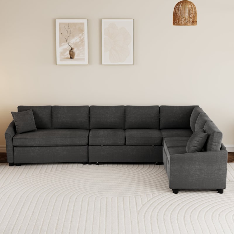 124.8"L-shaped Sofa Convertible Sofa Bed Pull Out Sofa Sleeper with Two Back Pillows, Two USB Ports and Two Power Sockets for Li - N/A