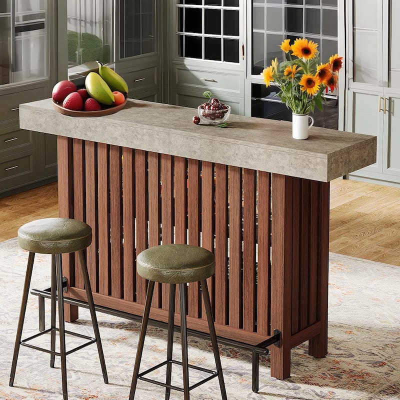Modern Engineered Wood Home Bar Table with Storage Shelves Grey Counter with Footrest - 62.99”L x 15.75”W x 41.53”H