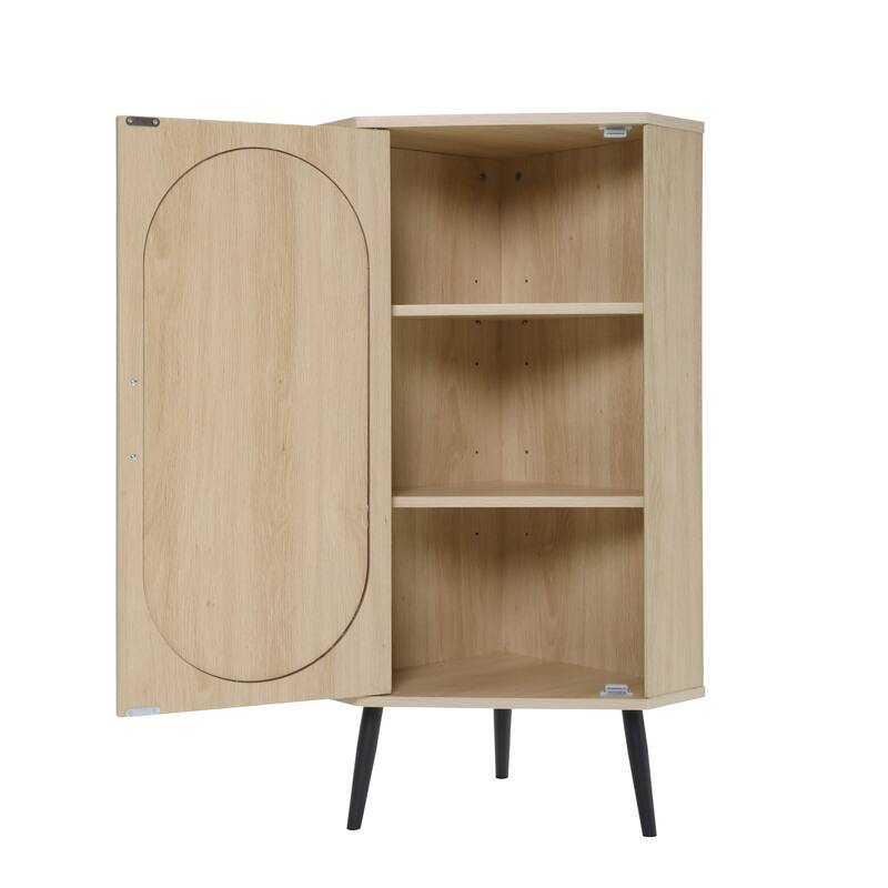 Roomfitters Corner Cabinet with Rattan Door, Freestanding Storage Shelf Stand for Small Spaces