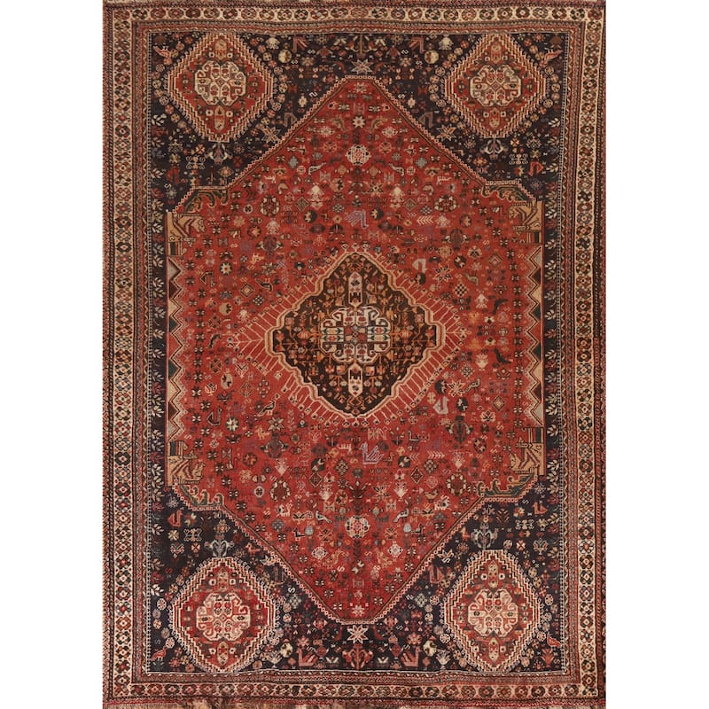 Hand Knotted Oriental 100% Wool Carpet Traditional Medallion Red Shiraz Area Rug - 9' 10'' X 6' 11''