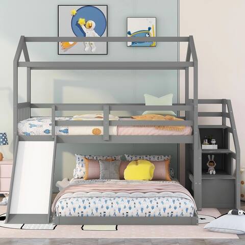 Twin over Full House Bunk Bed with Convertible Slide