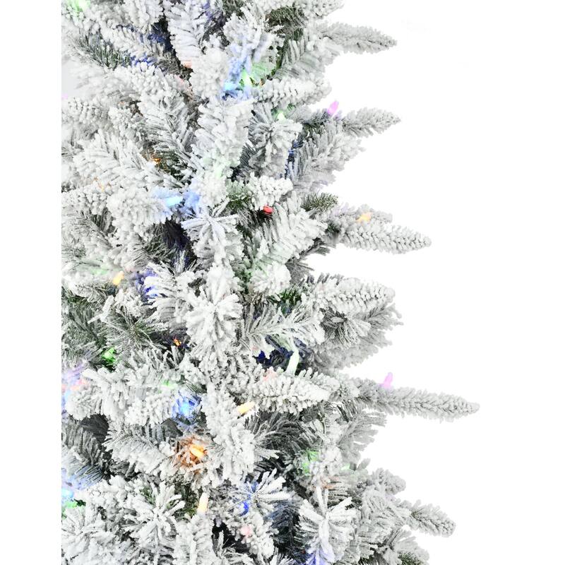 Fraser Hill Farm 7.5-Ft. Slim Mountain Pine Flocked Christmas Tree with Multicolor LED Lights