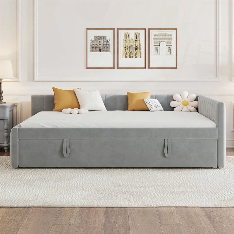 Upholstered L-Shaped Upholstered Daybed with Twin Size Pop Up Trundle