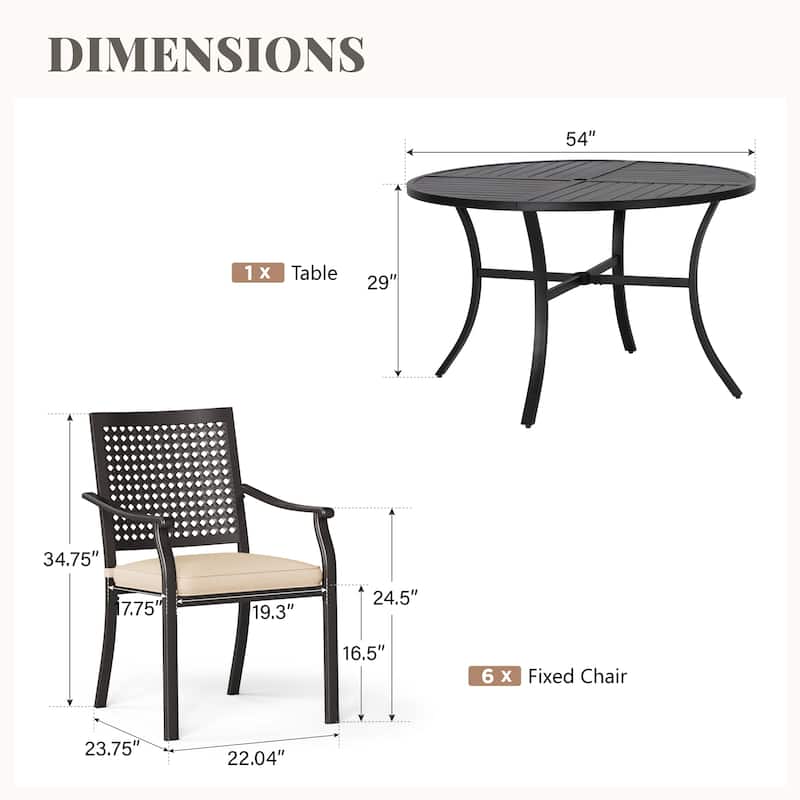 MAISON ARTS 7-Piece Patio Dining Set , Large Round Dining Table with Umbrella Hole & Metal Swivel Dining Chairs