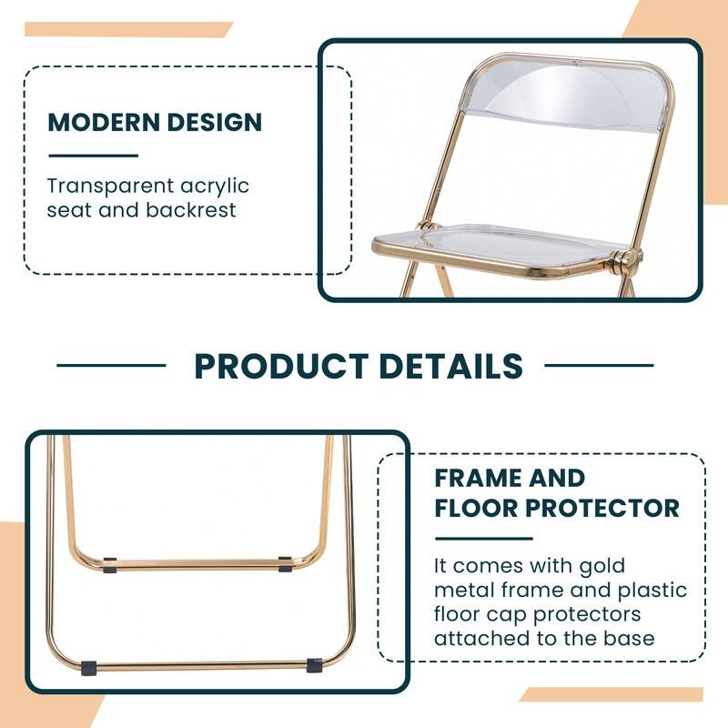 Lawrence Modern Foldable Transparent Acrylic Folding Dining Chair with Accent Gold Chrome Frame for Home Living and Dining Room