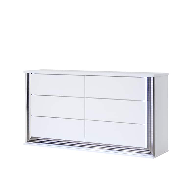 HomeRoots 61" White Wood Lighted Six Drawer Double Dresser