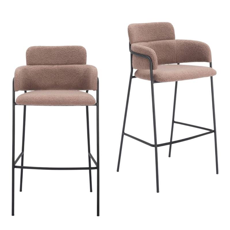 HomeRoots Set of Two 30" Brown and Black Faux Shearling and Steel Bar Height Bar Chairs