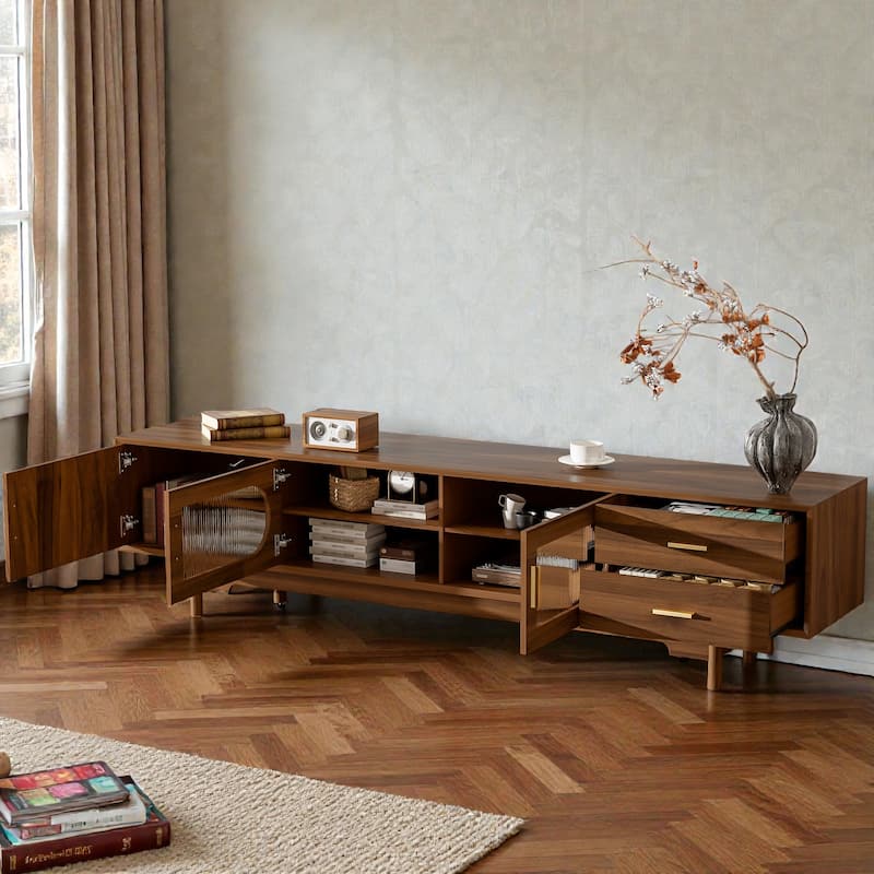 78" Modern TV Stand for TVs Up to 85", Fluted Glass Door Entertainment Center with Solid Wood Legs & Drawers