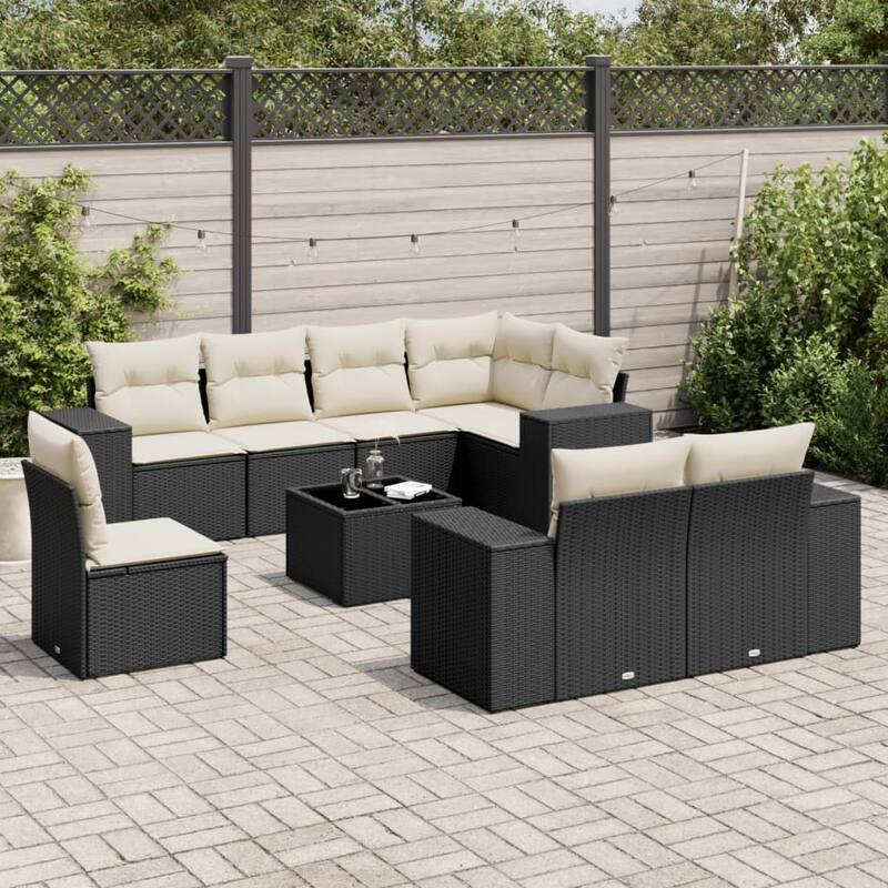 vidaXL Patio Sofa Set with Cushions Outdoor Conversation Furniture Poly Rattan - Black and cream - 21.7 x 21.7 x 14.6