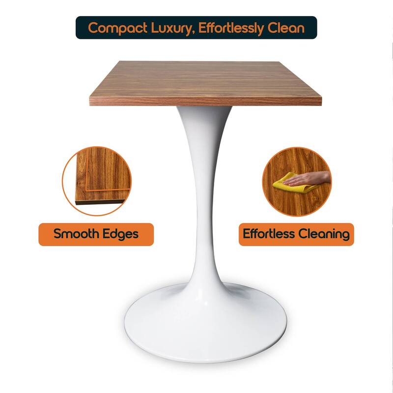 Verve 24 in. Wide Dining Table Square MDF Wood Tabletop in White Stainless Steel Pedestal Base Accent Kitchen Table