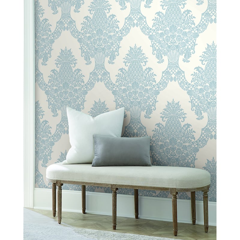 Franconville Periwinkle/White Sure Strip Prepasted Damask Pineapple Plantation Wallpaper Covers about 60.75 sq. ft.