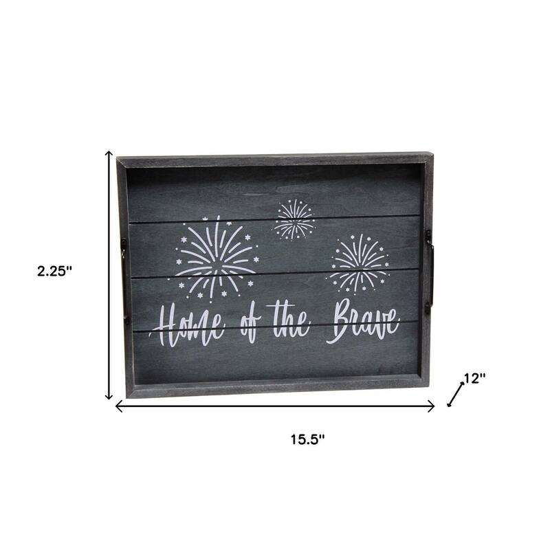 HomeRoots 16" Dark Blue And White Home Of The Brave Serving Tray With Handles - 15.50 in. x 2.25 in. x 12.00 in.