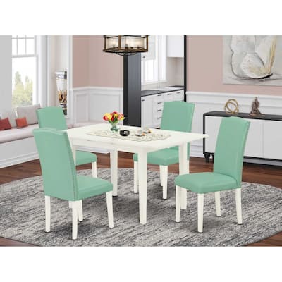 HomeStock 5-Pc Linen White Finish Solid Wood Top - Rectangular Upholstered Dining Room Set with Butterfly Leaf - Seats 4