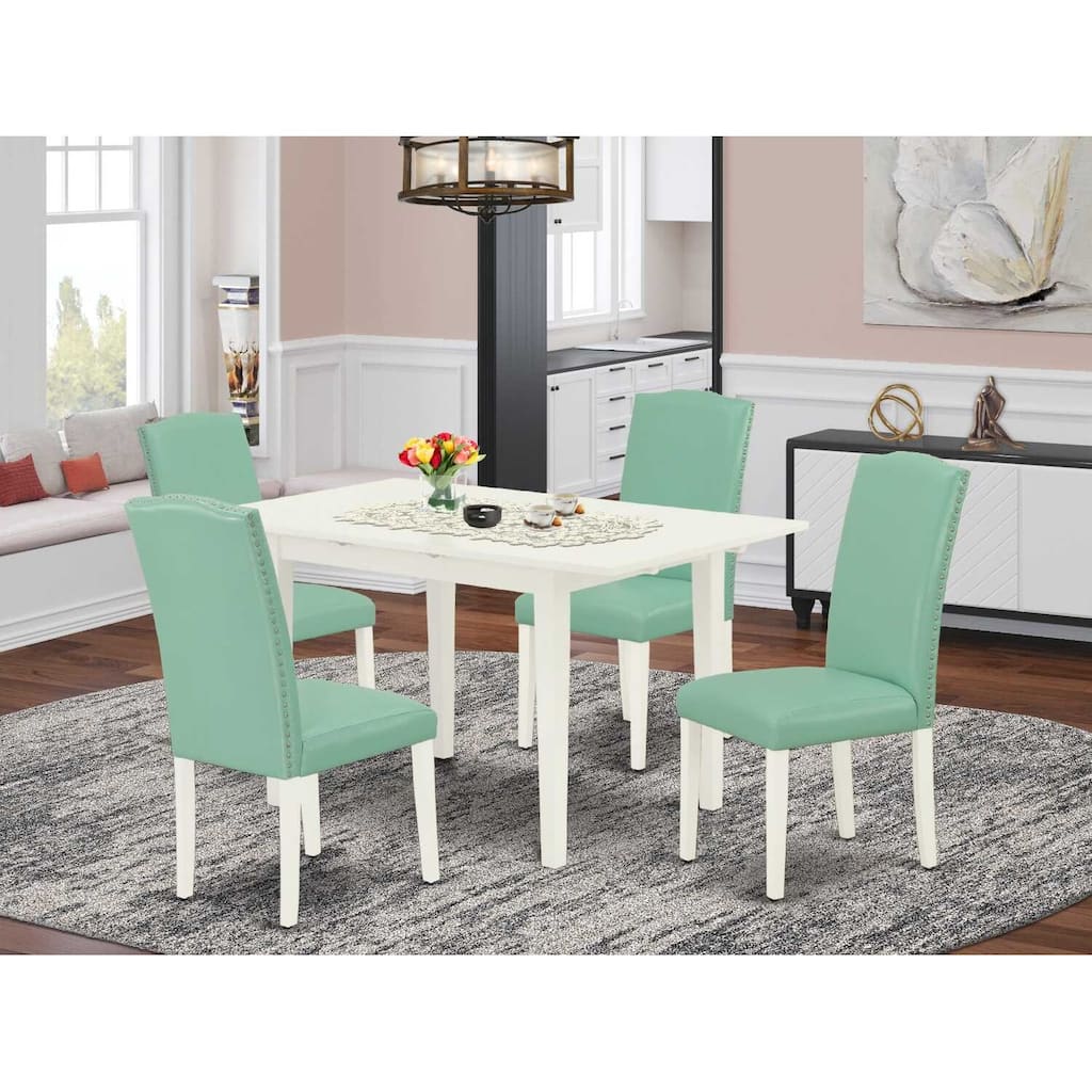 HomeStock 5-Pc Linen White Finish Solid Wood Top - Rectangular Upholstered Dining Room Set with Butterfly Leaf - Seats 4