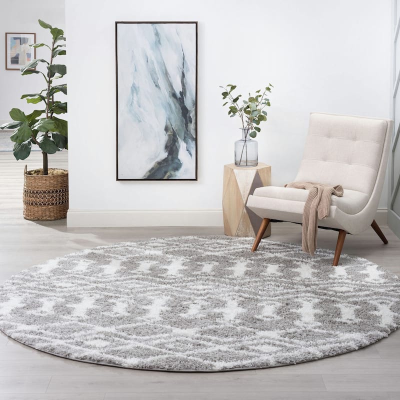 Joy Shag Mediterranean Geometric Indoor Area Rug - 7'10'' Round - Silver