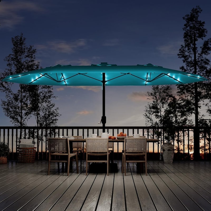 15FT Patio Umbrella with Solar Lights and Crank Handle,Base Included