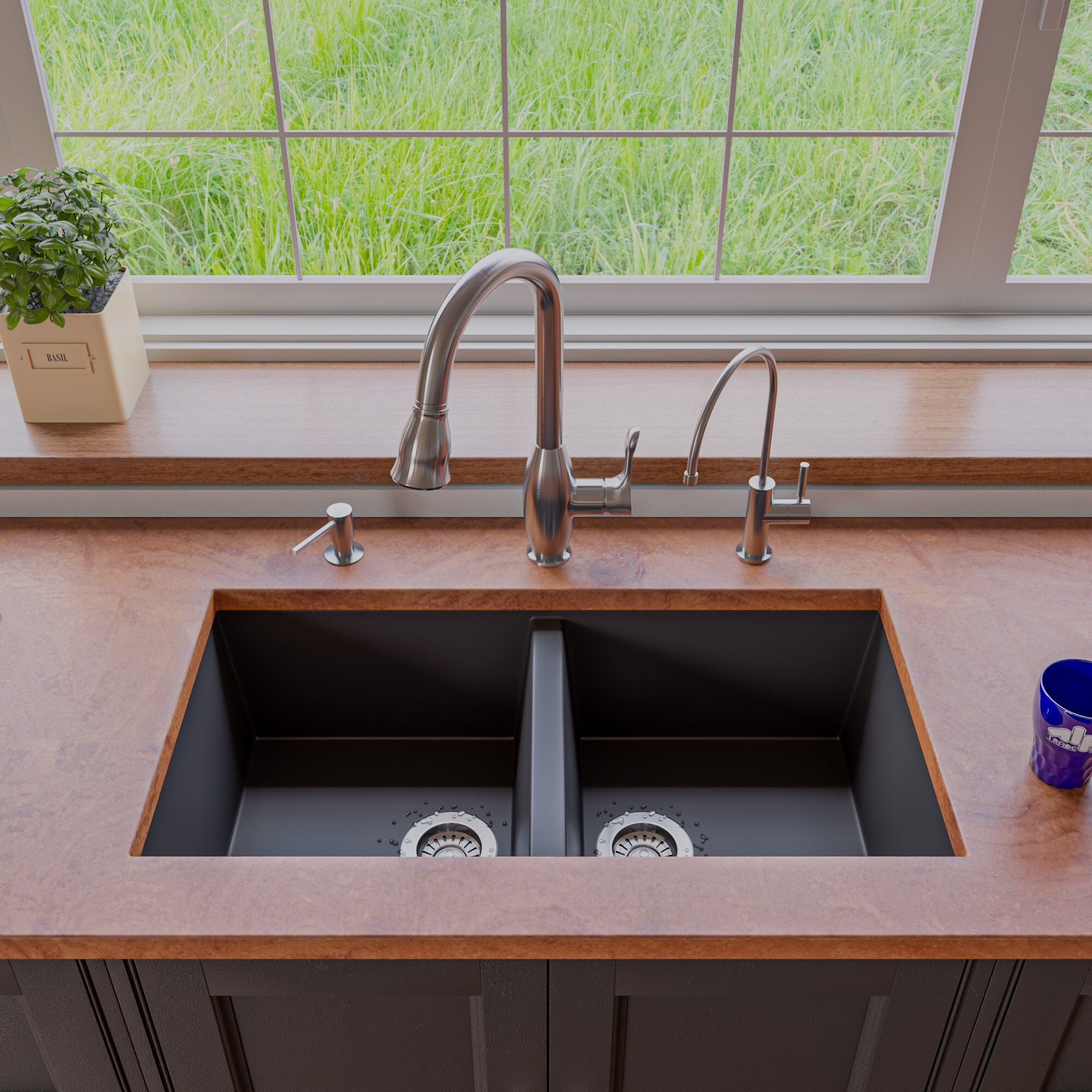 Alfi AB3420UM-BLA Black Granite Composite 34-inch Undermount Double Bowl  Kitchen Sink