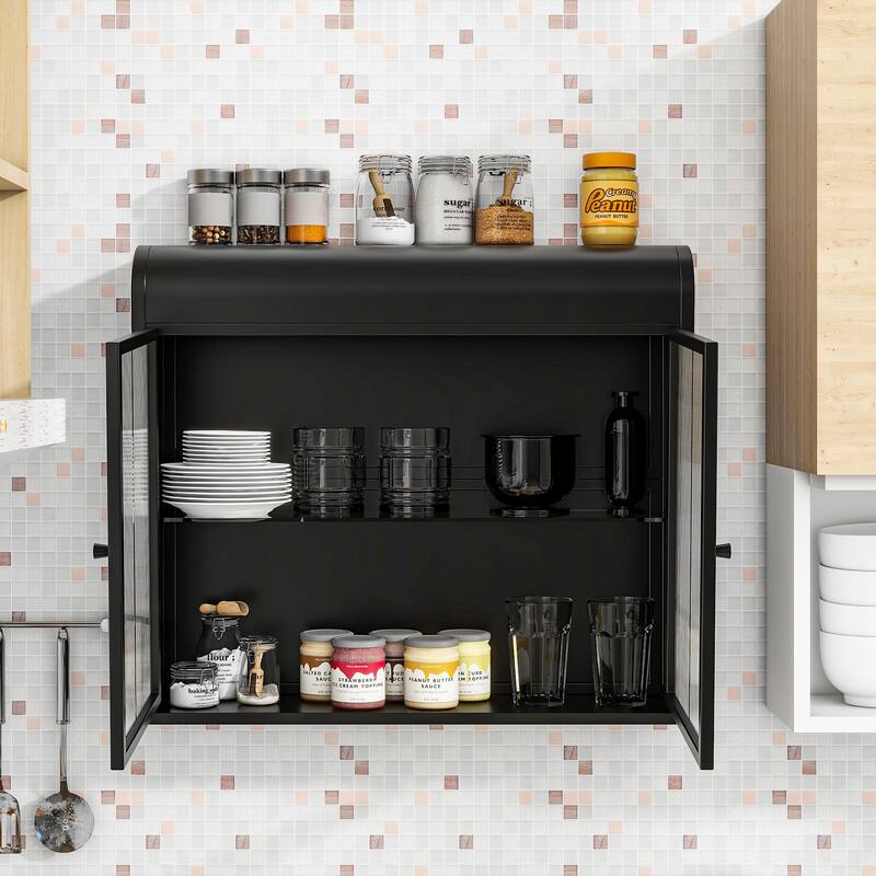 2-Door Wall-Mounted Metal Storage Cabinet with Tempered Glass Doors & Shelves for Bathroom, Kitchen, Living Room & Office