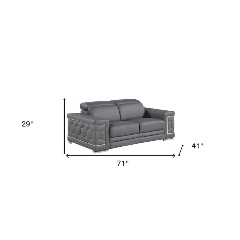HomeRoots 71" Gray And Silver Genuine Leather Loveseat