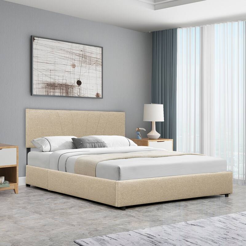 Full Upholstered Platform Bed with Lifting Storage, Full Size Bed Frame