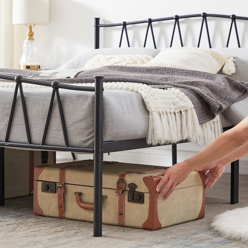 Industrial 3 Piece Bedroom Set Black Platform Bed Frame and Modern Brown Nightstands Set of 2