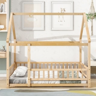 Full Size House Floor Bed with Fence for Kids, Wooden Montessori Bed Frame with Roof and Safety Guardrail for Boys or Girls