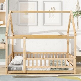 Full Size Wooden House Bed Floor Bed with Wood House Roof Frame and Guardrails for Toddler Kids, No Box Spring Needed - Natural