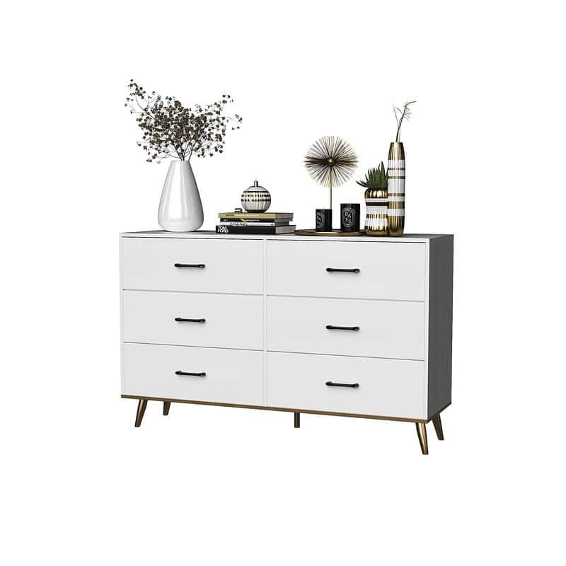 6 Dresser, Chest of Drawers with Wide 52.37'', Easy-Pull Fabric & Wood Dressers with Top - White