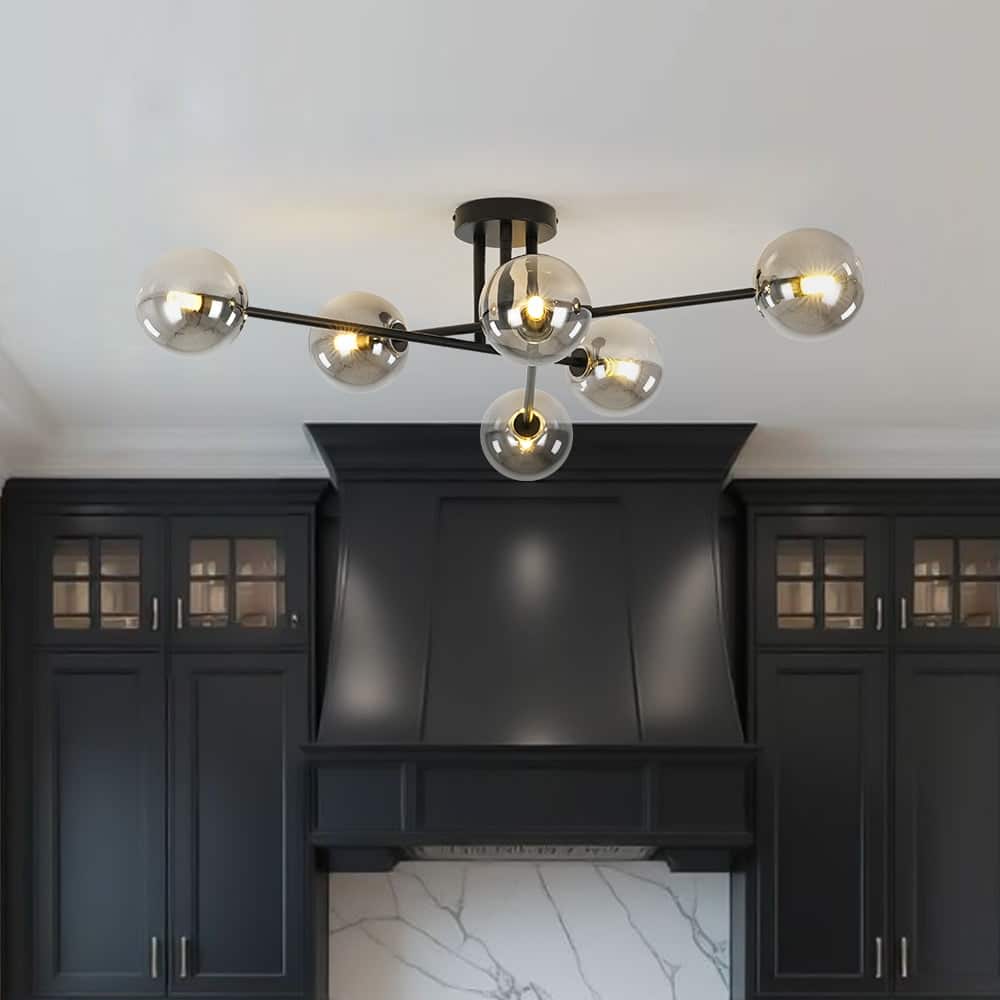 Linear Sputnik Smoked Glass Globe Semi Flush Chandelier