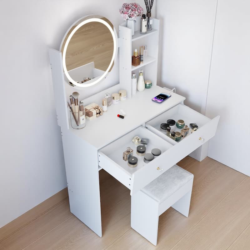 Modern Vanity Set with Touch LED Mirror, Built-in 2 AC Outlets, USB & Type-C Charging, Stool Included, Makeup Storage Desk