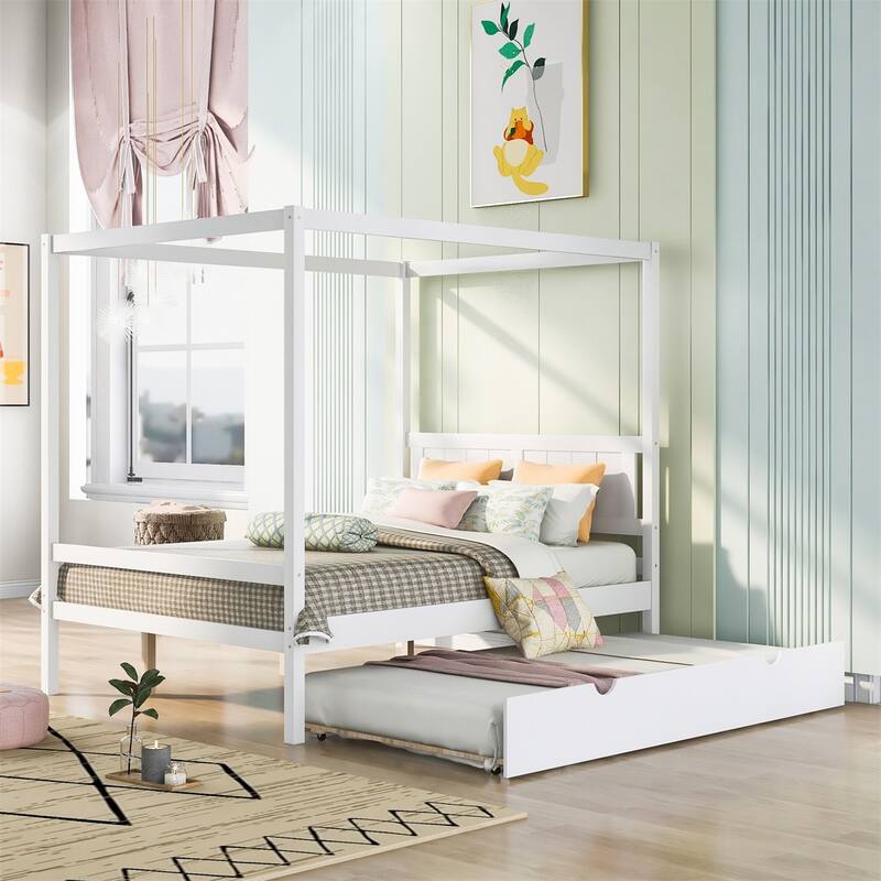 Merax Full Size Canopy Platform Bed with Trundle