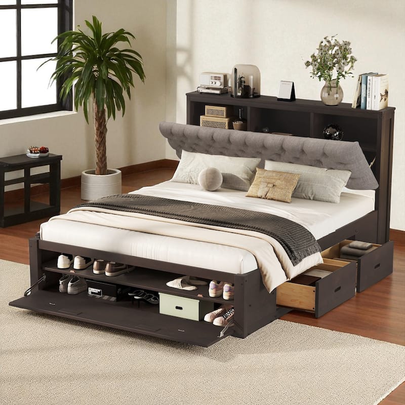 Queen Size Wooden Platform Bed with Upholstered Headboard, 4 Drawers, Storage Shelves & Shoe Rack