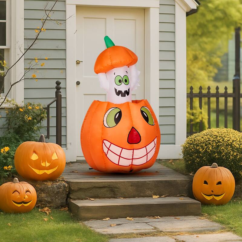 2.8FT Inflatable Pumpkin Ghost with LED Lights and Halloween Lawn Yard Decorations for Outdoor Use - 2.8 ft