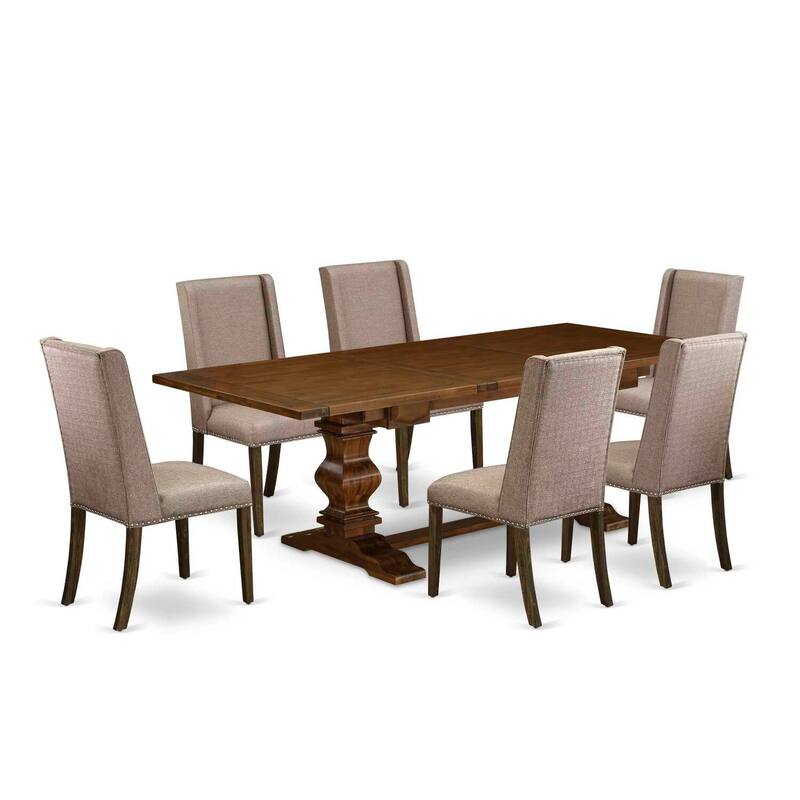 Modern 7-Piece Dining Set - Wood Table & 6 Linen Fabric Chairs - Antique Walnut & Distressed Jacobean Finish - 92