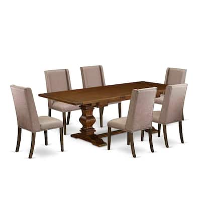 Modern 7-Piece Dining Set - Wood Table & 6 Linen Fabric Chairs - Antique Walnut & Distressed Jacobean Finish - 92