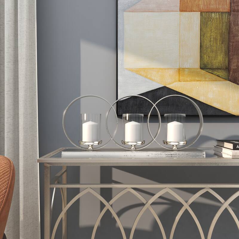 Aluminum Metal Geometric Overlapping Rings Pillar 3 Plate Candelabra - Silver - Roche River Decor - 5"W x 26"L x 11"H