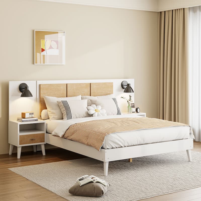 Queen Bed Frame with 2 Nightstands, Rattan & Wood Combination, Built-in Lamps - White - Queen