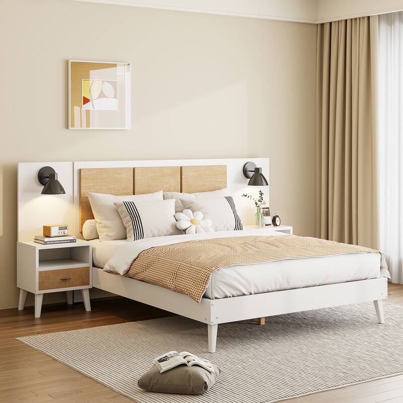 Queen Size Solid Wood Bed Frame with 2 Nightstands, Modern Platform Bed with Headboard, Lamps, Rattan Wood Combination Set - White
