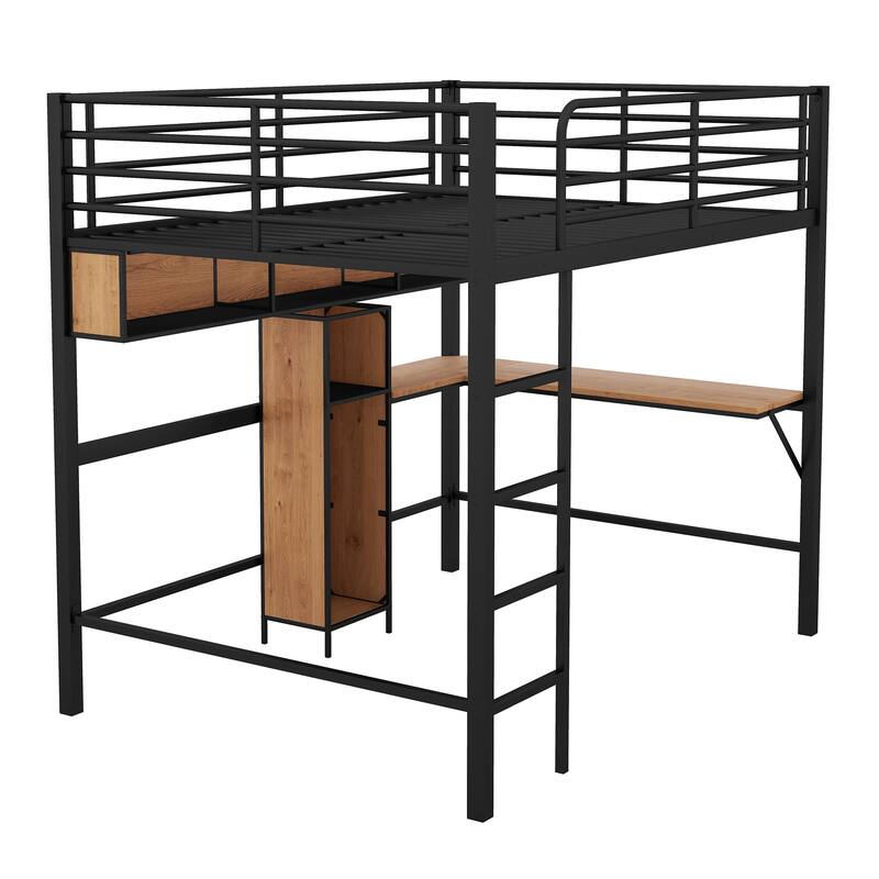 Full Size Metal & Wood Loft Bed with L-Shaped Desk and Shelves, Black and Brown