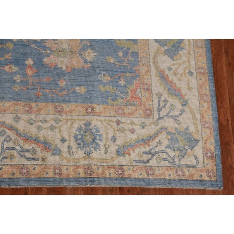Oushak Vegetable Dye Area Rug Hand-Knotted Blue Floral Wool Carpet - 8'2" x 10'0"