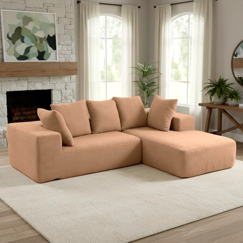 L-Shaped Modular Sectional Sofa, Full Foam Compressed Deep Seat Sofa, Upholstered Corner Sofa with 5 Throw Pillows