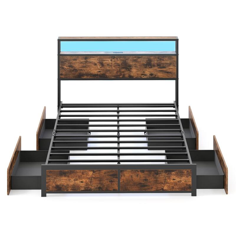 Gymax Full Size LED Bed Frame w/2-Tier Storage Headboard & 4 Drawers
