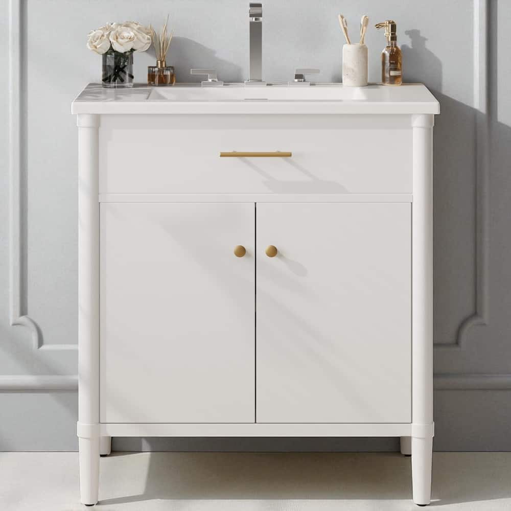 31" Bathroom Vanity with Sink, Soft-Close Doors, Adjustable Shelf & Rubber Wood Legs