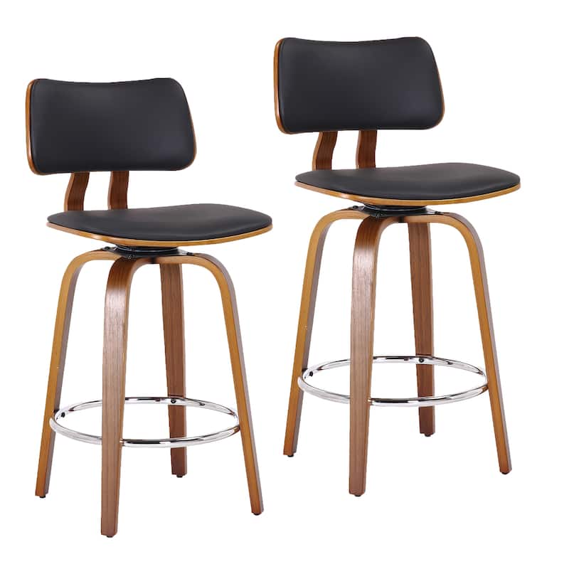 Mid-Century Faux Leather and Wood 26" Counter Stool with Swivel, Set of 2 - White and Walnut
