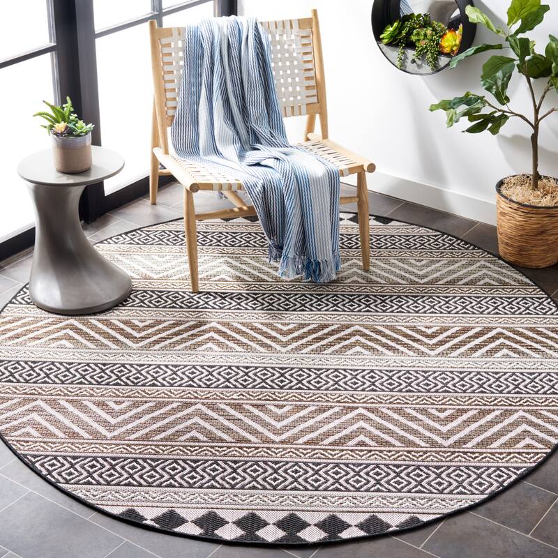 SAFAVIEH Havana Malhildur Geometric Indoor/ Outdoor Waterproof Rug - 6'7" Round - Light Brown/Black