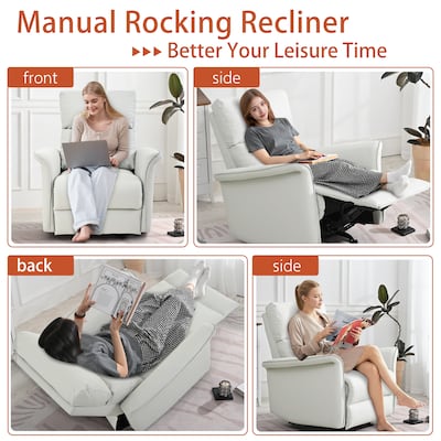 Manual Rocker Recliner Chair, PU Leather Upholstered Rocking Chair, Lounge Recliner with Pull Ring for Bedroom, Living Room